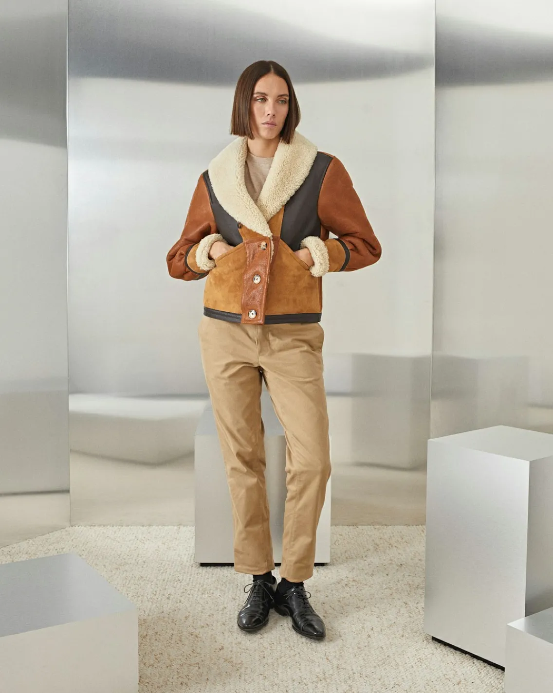 Outlet Chevignon Blouson En Cuir Camerashearling W Cacao Blouson En Cuir De Mouton Femme