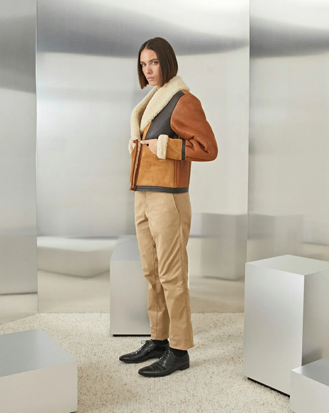 Outlet Chevignon Blouson En Cuir Camerashearling W Cacao Blouson En Cuir De Mouton Femme