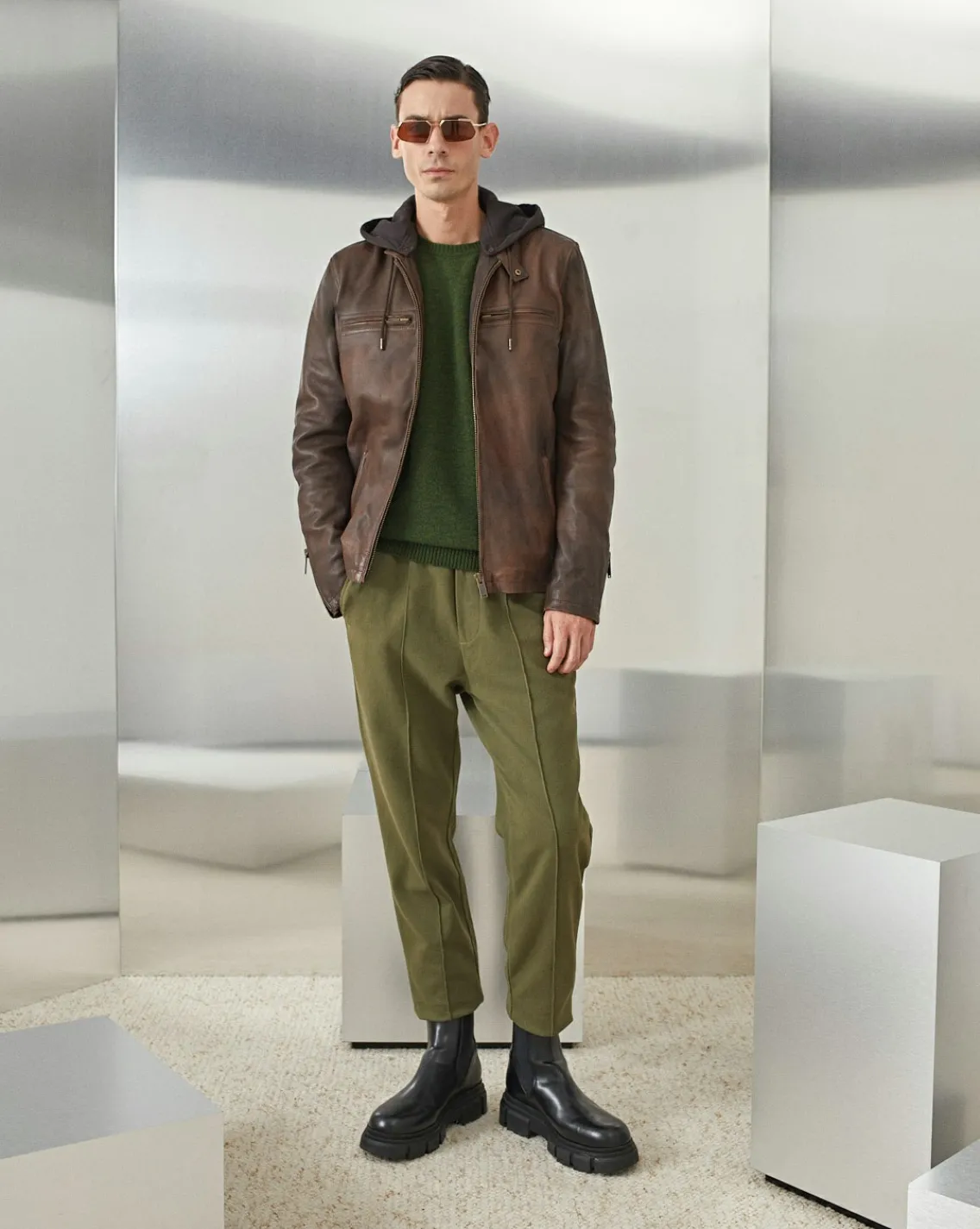 Shop Chevignon Blouson En Cuir Wheel Cacao Blouson En Cuir Avec Capuche Amovible