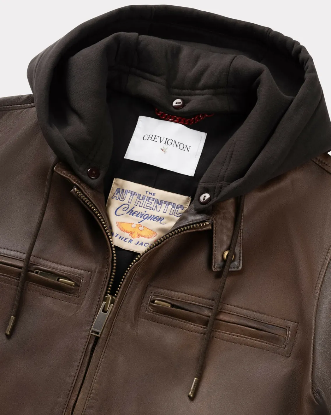 Shop Chevignon Blouson En Cuir Wheel Cacao Blouson En Cuir Avec Capuche Amovible