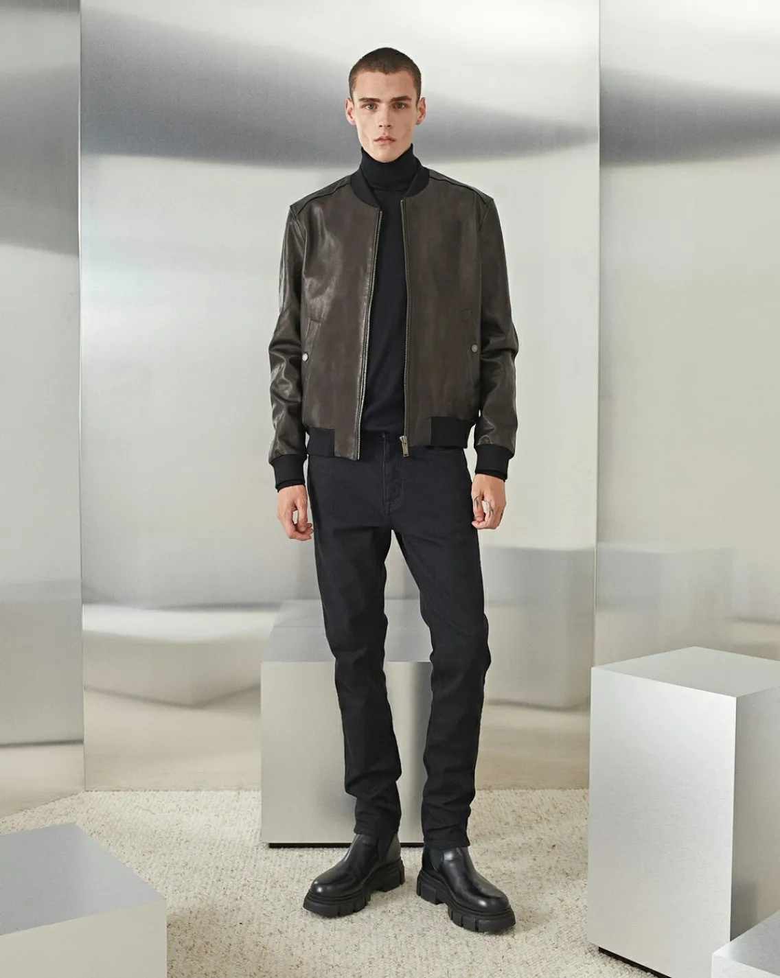 Shop Chevignon Blouson Teddy En Cuir Noir Blouson Col Teddy En Cuir D'Agneau