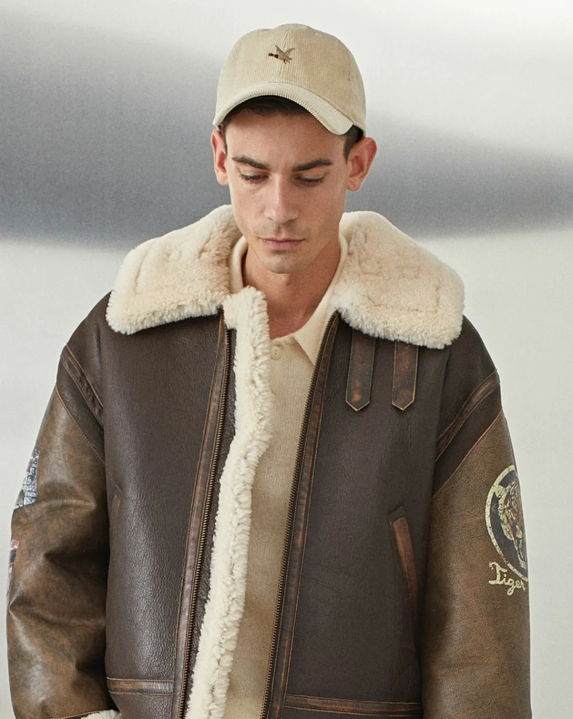 Discount Chevignon Bombardier En Cuir Pilote Cacao Blouson En Peau De Mouton