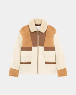Flash Sale Chevignon Manteau Boume Beige Manteau En Peau Lainee Avec Empiecements En Cuir