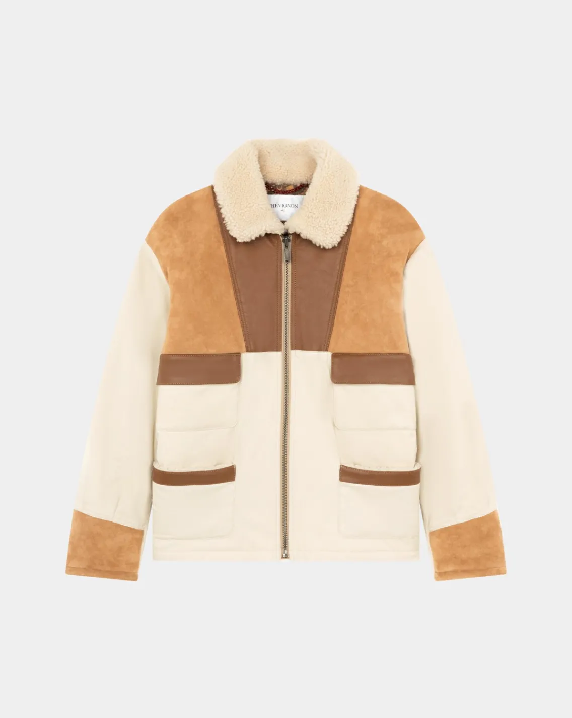 Flash Sale Chevignon Manteau Boume Beige Manteau En Peau Lainee Avec Empiecements En Cuir